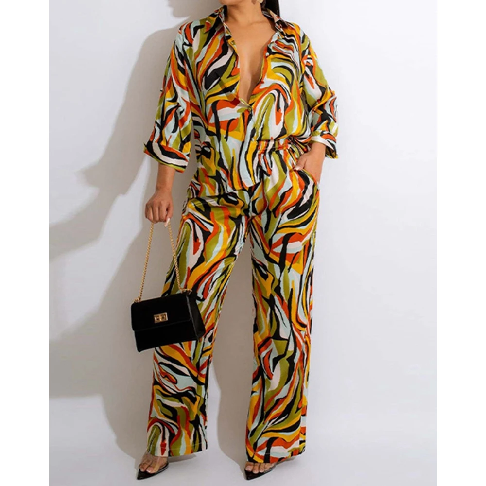 Casual Summer Women Abstract Print Long Sleeve Buttoned Shirt & High Waist Pants Set Korean Style Two Pieces Workwear Suit 2024