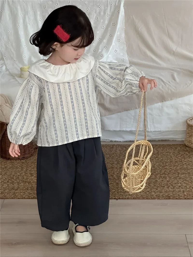 5593 Children Pants Spring and Autumn New Solid Color Pleated Wide-leg Pants for Girls Elastic Waist Slant Trousers