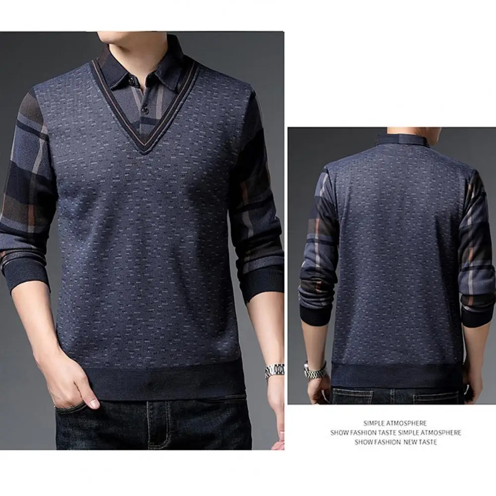 Spring Pullover Sweater Stylish Men's Mid-aged Father Daily Shirt Knitted Plaid Print Sweater with Lapel Color for Winter/fall