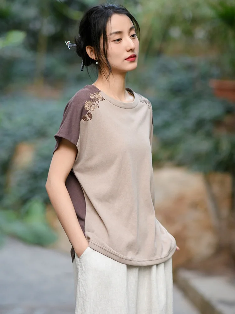 

Embroidery Cap Sleeve Top Women Vintage Contrast T Shirt Summer
