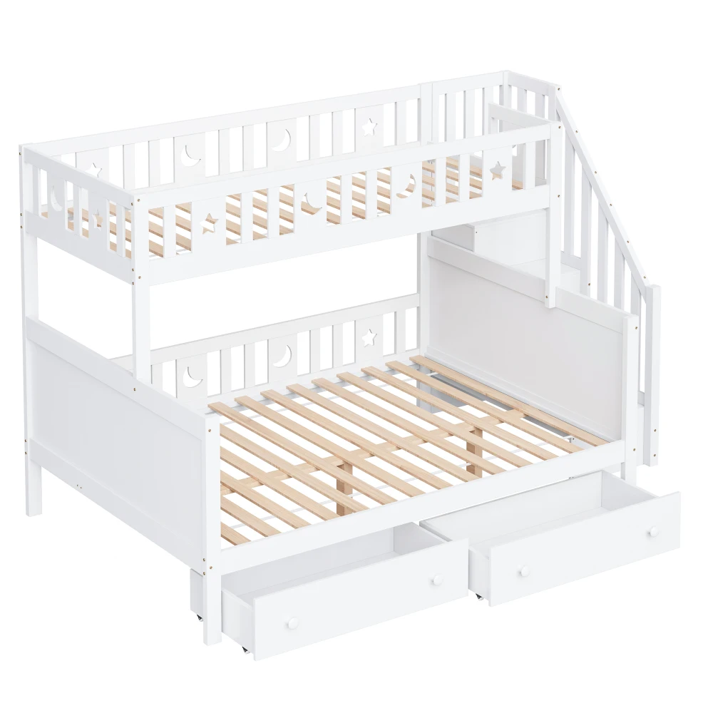 90*200/140*200cm weißes Kinder-Etagenbett, Etagenbett aus Massivholz mit Sicherheitstreppe, zwei große Schubladen und Schiefergrill – Detail 13