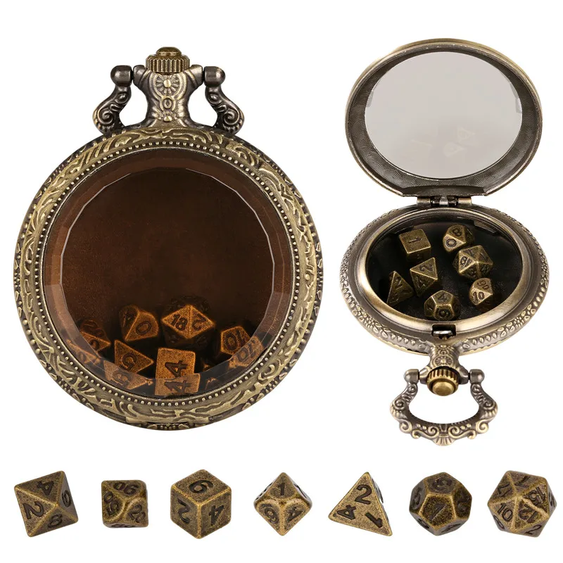 Steampunk 7Pcs/set Metal Polyhedral Dices Role Play Gaming Dice with Transparent Pocket Watch Case Pendant Chain Gaming Gift