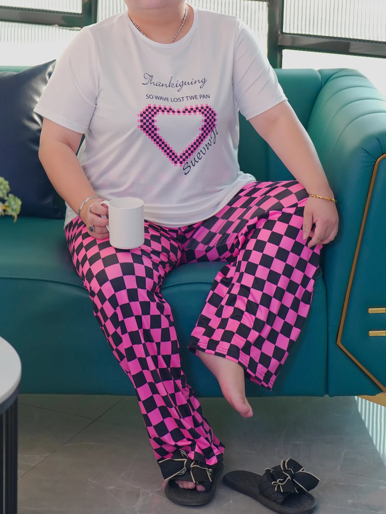 Plus size home suit, short sleeved shorts and long pants three piece set, plus size pajamas can be worn externally