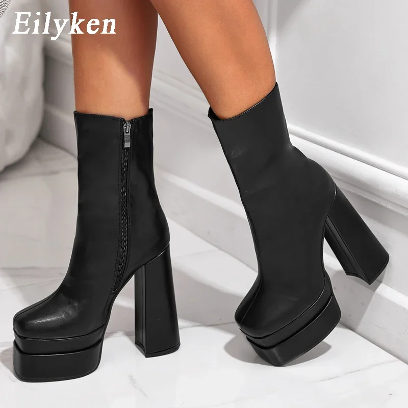 

Eilyken Concise Chunky Platform Women Ankle Boots Punk Style Zipper Square Toe Nightclub Stripper High Heels Ladies Shoes