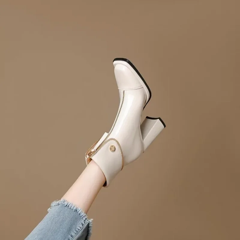 Ladies Shoes 2023 Hot Sale Ankle Women's Boots High Quality Modern Boots Women Solid Square Toe Zip Heeled Shoes Female Zapatos