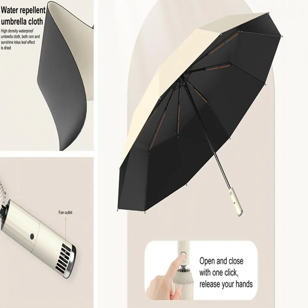 Description Picture 3 of item106cm Sun Protection Umbrella With Fan 3 Levels Adjustable USB Rechargeable UV Blocking Automatic Folding Sun Rain Umbrellas