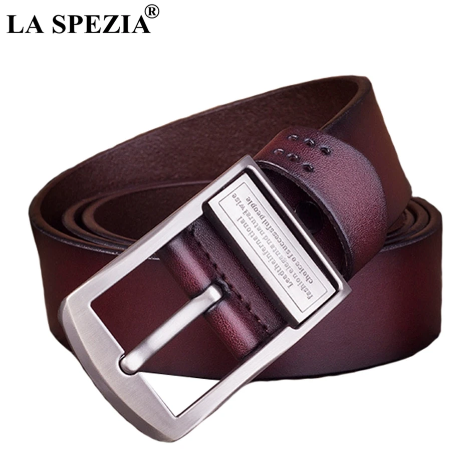 LA SPEZIA Men Belt Genuine Leather Coffee Pin Buckle Belt Male Classic Letter Brand Solid Casual Real Cow Leather Belt 130cm