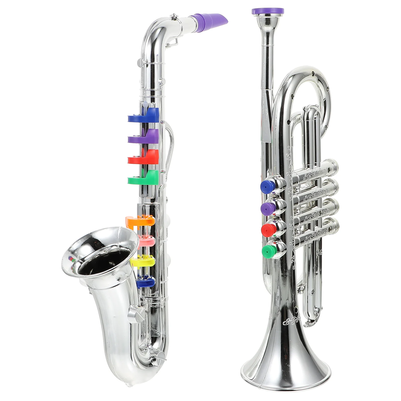 

Musical Wind Instruments for Kids, 2Pcs Metallic Silver Saxophone and Trumpet Horn Performance Prop Early Development Toys For