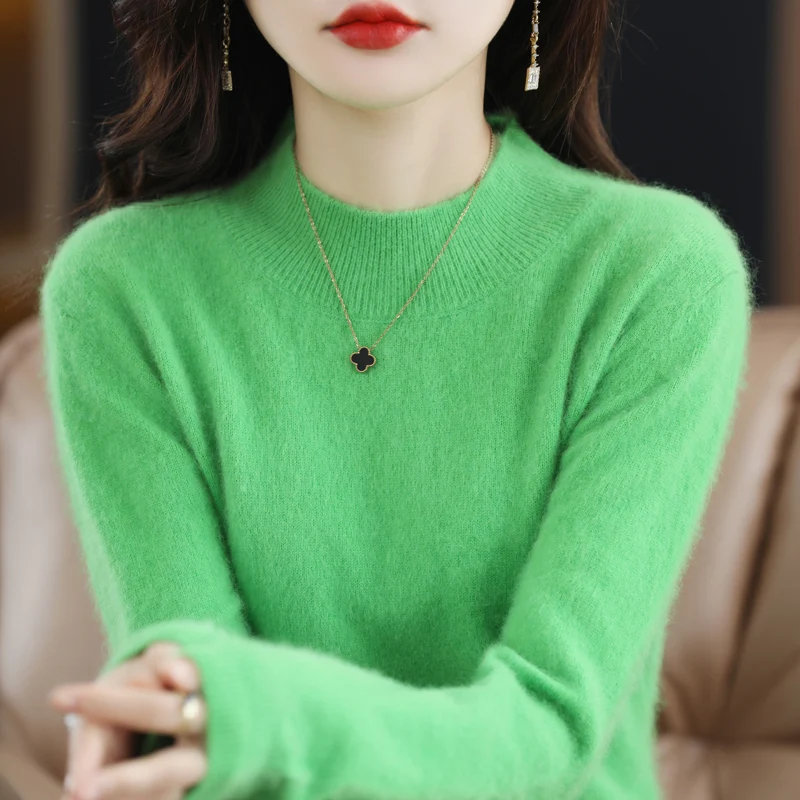 

Autumn And Winter New 100% Mink Cashmere Sweater Women's Sweater Semi-High-Necked Pullover Warm Long-Sleeved Casual Knit Top.