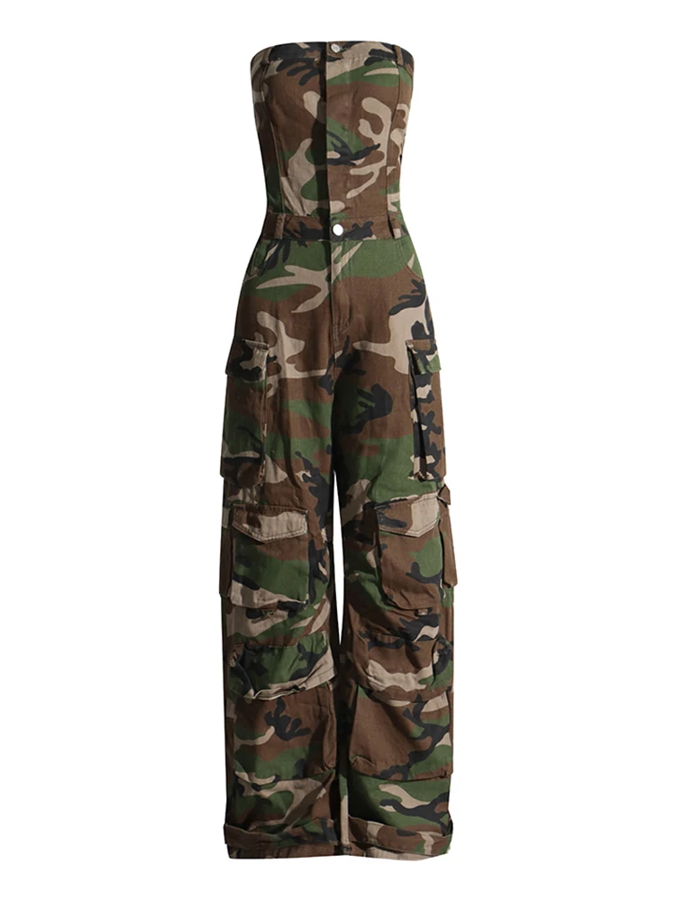 CHICEVER Fashion Camouflage Jumpsuits For Women Strapless Sleeveless High Waist Streetwear Colorblock Cargo Jumpsuit Female 2023