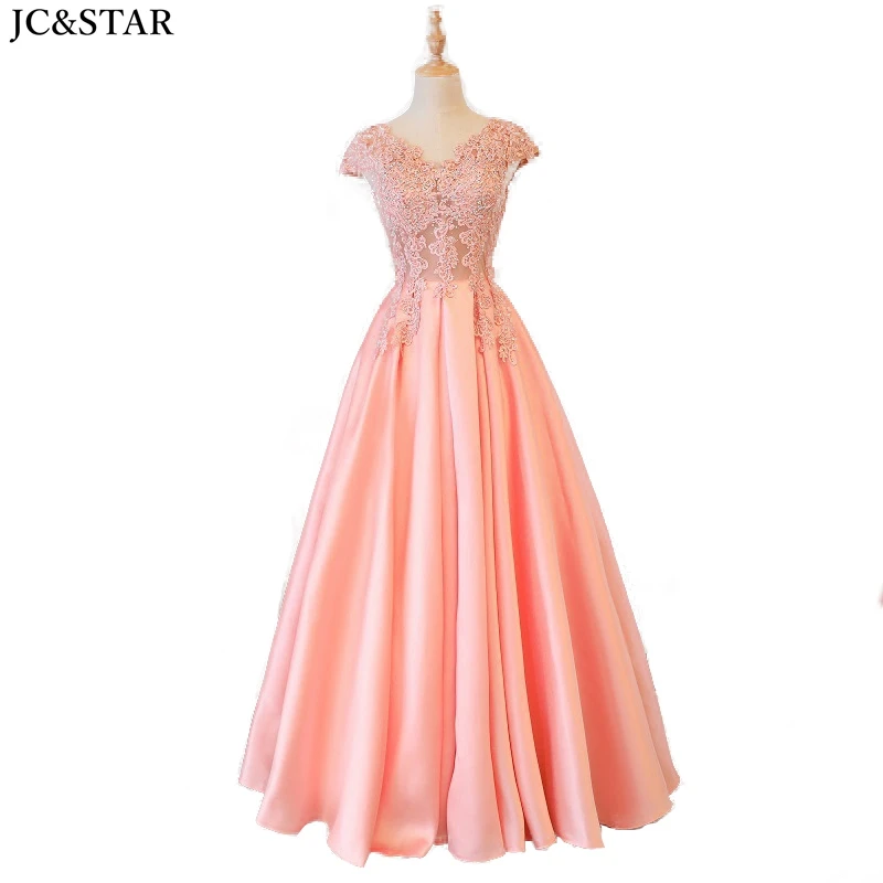 

peach pink bridesmaid dresses v neck lace satin cap sleeve vestidos de boda invitada long Evening gown elegant abiti da sera rea