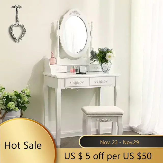 Dresser Table Mirror With Chair Set Vanity Table Makeup Stool Wooden 4 Drawers Modern Minimalist Bedroom Storage Cabinet