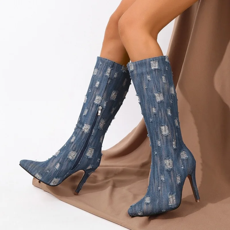 

Women's Shoes 2023 New Knee-High Women's Boots Sexy Modern Boots Women Raw Edge Side Zip Pointed Toe Thin High Heel Female Shoes