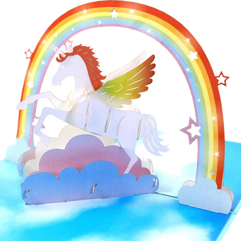 Pop up style Holiday Greeting Cards Creative Animal 3D Handmade Unicorn Paper Carving Birthday Gift