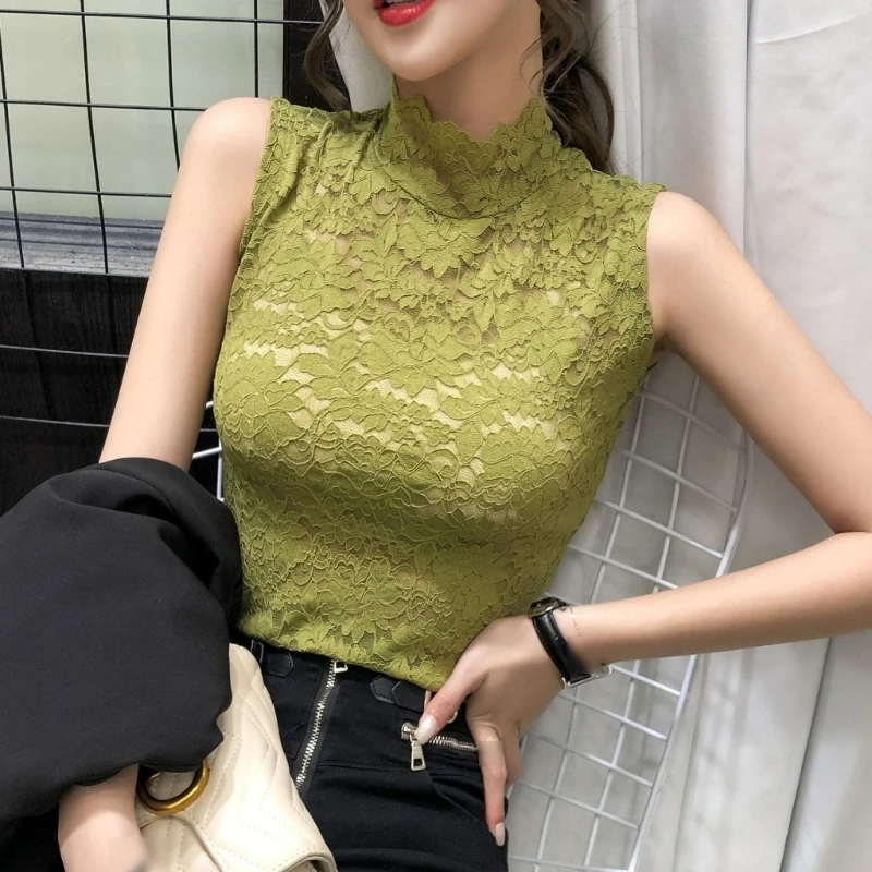 Women T-Shirts Sexy Turtleneck Lace Fitted for Tank Top Slim Fit Tunic Bottoming - 4