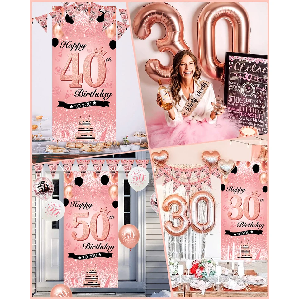 Pack Déco 40e Anniversaire Femme – Rose Doré – 76 Pièces (bannière, Fanions…)