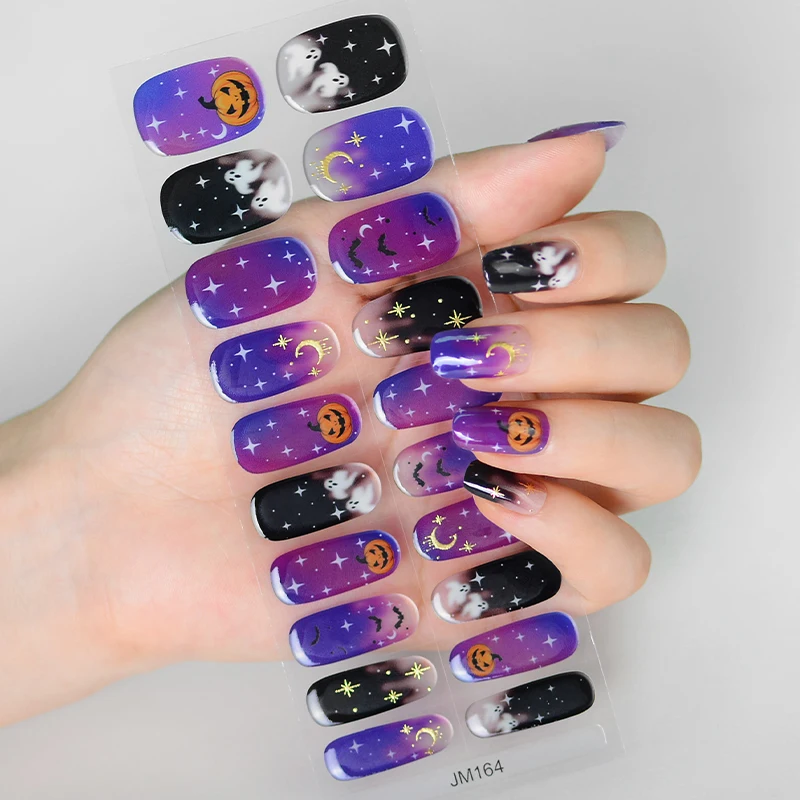 Halloween Pumpkin Ghost Gel Nail Art Stickers Adhesive Waterproof Semi Cure Gel Nails Wraps for UV Lamp Need Charm Manicure