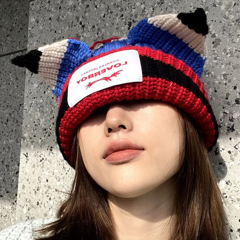 Loverboy Cat Ear Knitted Hat Autumn and winter Double-layer Warm Hip Hop Cute Fashion Patch Hooded Cap Niche Personality ColdHat 1
