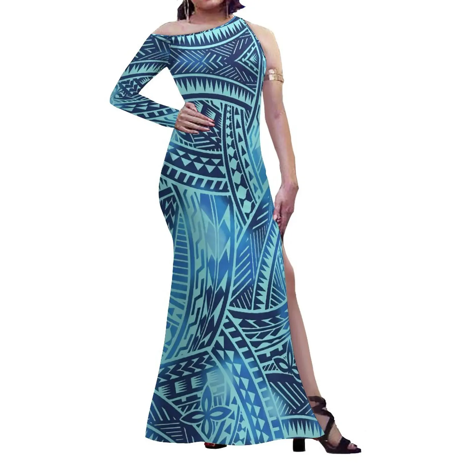 

Factory Direct Sales Big People Formal Occasions Half Shoulder Dress Sustainable 8XL Polynesian Pacific Island Art Slit Dress
