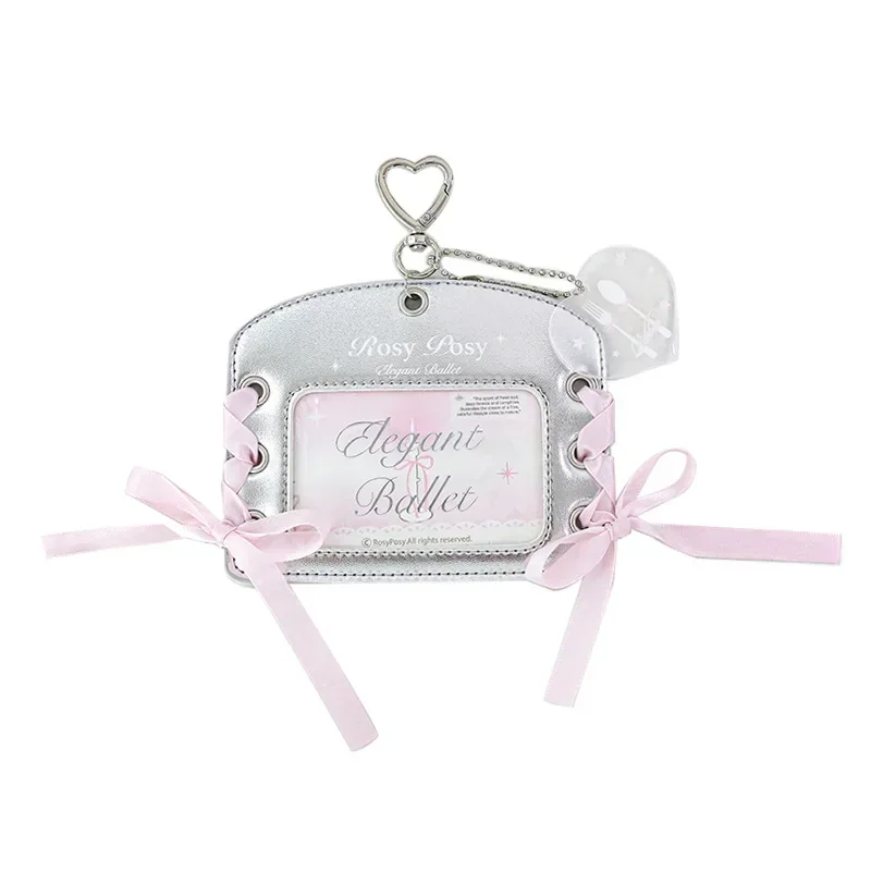 Lace Kpop Photocard Holder Sweet Chic Sliver Color Student ID Card Cover Case with Key Ring Bow Ribbon Photo Card Protector 5