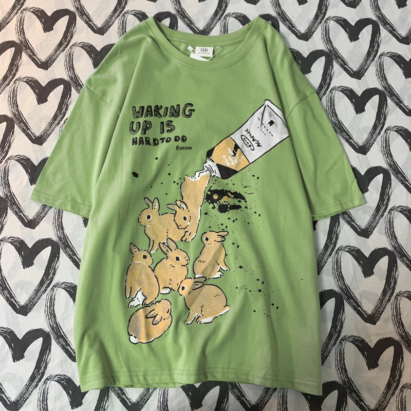 Amerikanisches Retro-Kaninchen-Druck-Kurzarm-T-Shirt für Damen und Herren im Harajuku-Lazy-Style, reine Baumwolle, vielseitiges Rundhals-T-Shirt – Detail 4