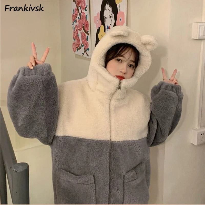 

Cute Jackets Women Hooded Winter Panelled Schoolgirl Hipster All-match Daily Outdoor Chic Japanese Style Leisure Fluffy Slouchy