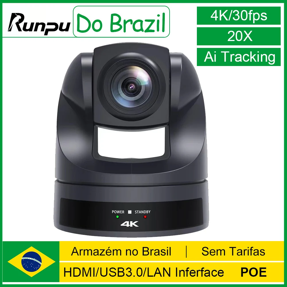 Câmera de Conferência Runpu 4K/30fps PTZ com Vídeo, Zoom 20X, Rastreamento por IA, Câmera PTZ NDI com USB, HDMI, LAN, POE para Educação, Transmissões ao Vivo e Reuniões de Negócios