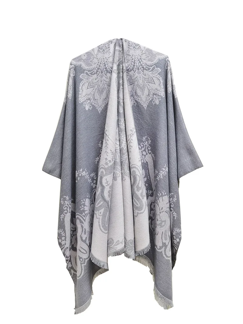 

Spring Autumn Flower Jacquard Ethnic Style Tourism Split Tassel Shawl Women Air Conditioner Poncho Lady Capes Gray Cloaks