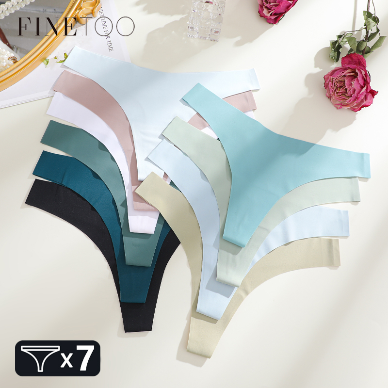 FINETOO 7PCS Seamless Ice Silk Thongs Women Ultra Thin Panties Sexy V Waist G-String 14 Colors Underwear Girls Stretchy Lingerie