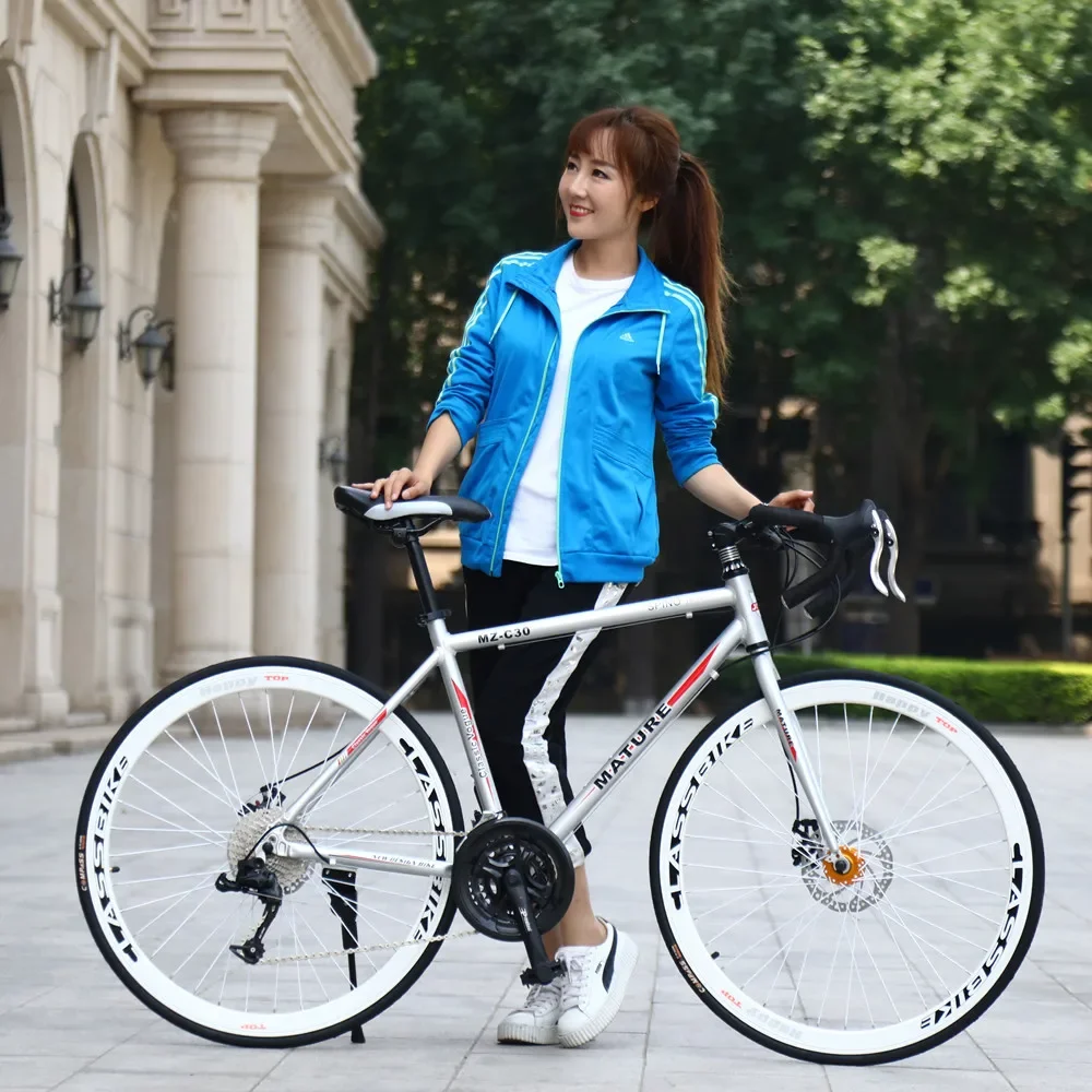 알루미늄 합금 레이싱 자전거, 곡선 핸들, 더블 디스크 브레이크, 럭셔리카 로고 700C 가변 속도, 학생 로드 바이크, 21 단