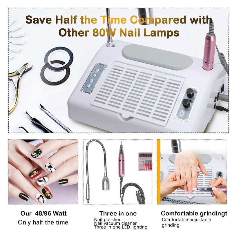 5 in 1 Nail Dust Collector for Acrylic Nails Light Electric Nail Drill Machine 30000rpm UV LED Nail Lamp for Gel Nails Polish 6