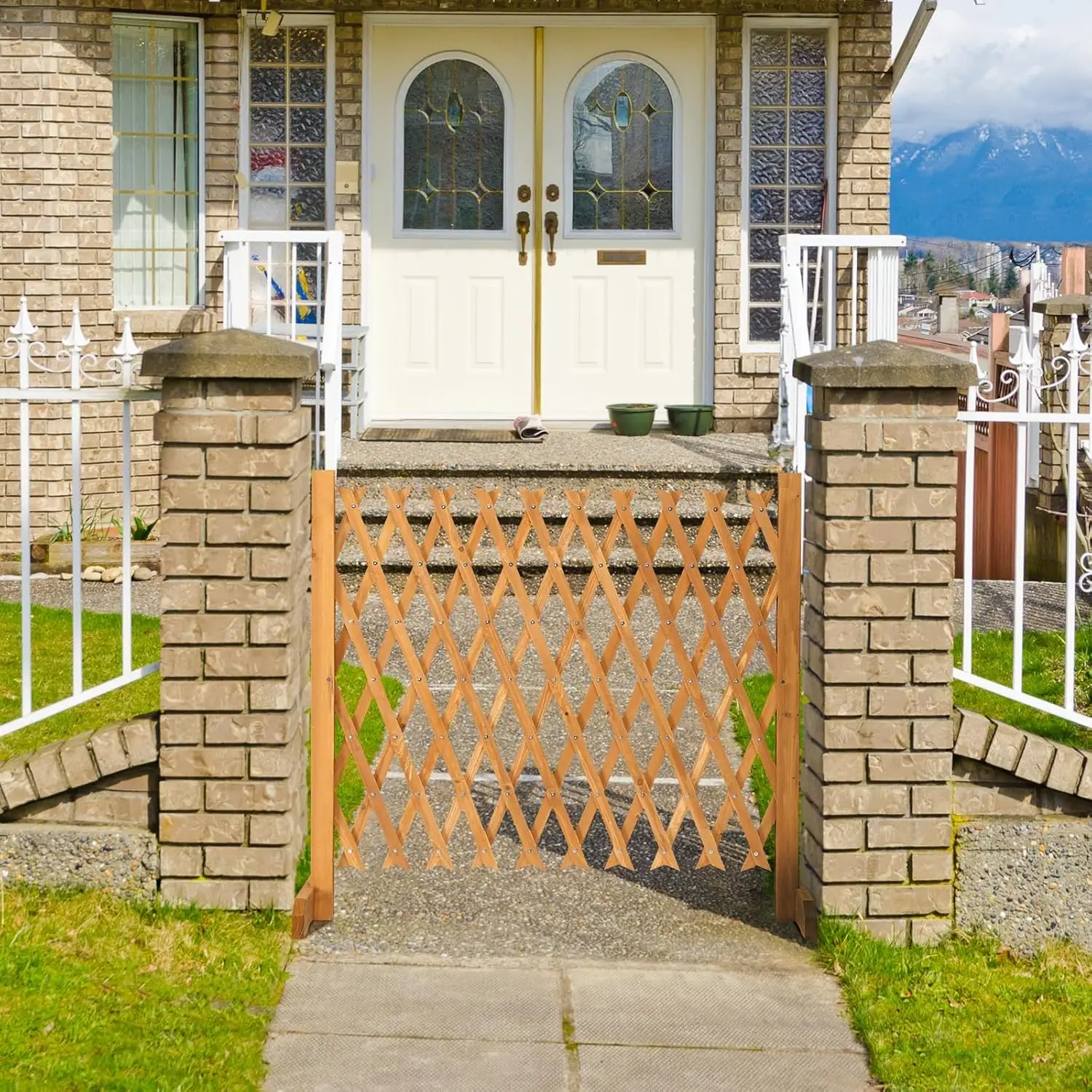 2 Packs Extendable Garden Fence, 27.55 Inch Tall Freestanding Accordion Fence Solid Wood Retractable Trellis Instant Fence Pet