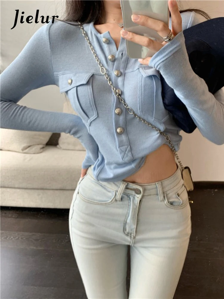 

Jielur Sexy Crop Tops Slim Fit Irregular Shirt for Women O-Neck Long Sleeve Tshirt 2022 Ropa De Mujer Korean Fashion Black Tees