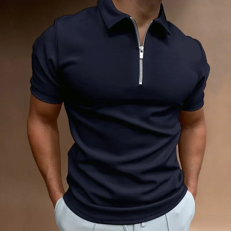 

Summer Men's Solid Color Polo Shirt Short Sleeve Turn-Down Collar Zipper Tshirts &for Men Casual Streetwear New Male Tops