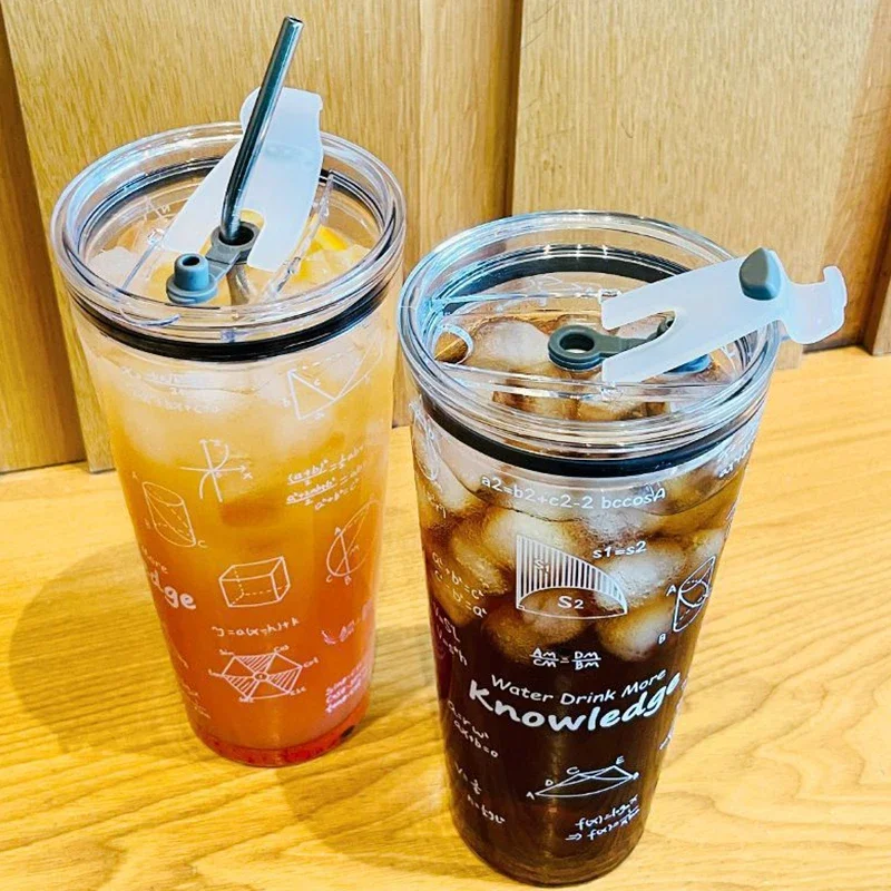 대용량 수학적 패턴 투명 유리 컵, 뚜껑 및 스테인리스 스틸 빨대 우유 주스 커피 머그잔, 1000ml
