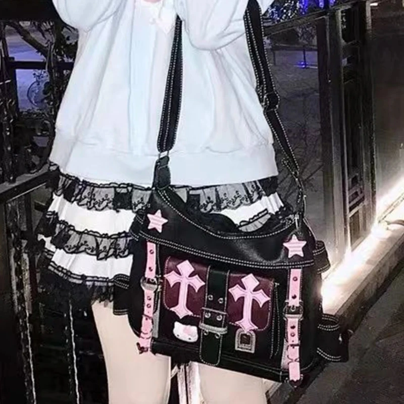 Sanrio Hello Kitty Gothic Punk Vintage Pink Cross Chains Crossbody Bags For Women Toys Hot Girl Handbag Y2k Trend Tote Bag Gift