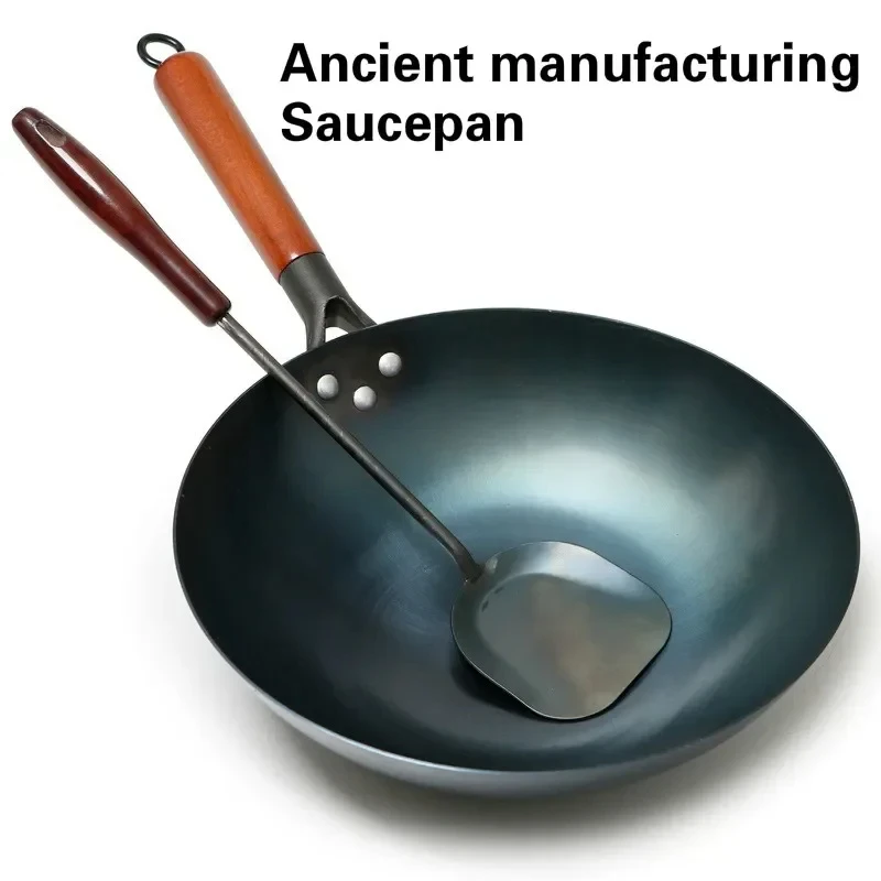 Iron Pot Household Frying Pan Traditional Hand Forged Without Coating Wooden Handle Old-style (30cm)