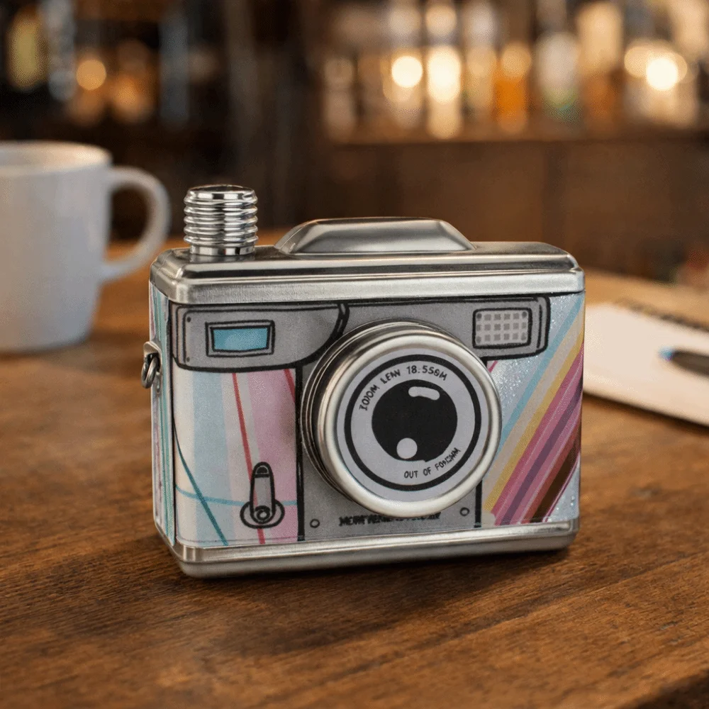 스테인리스 스틸 카메라 모양 힙 플라스크 탈부착 가능한 스트랩 위스키 용기 병 누수 방지 11온스 325ml 위스키 플라스크