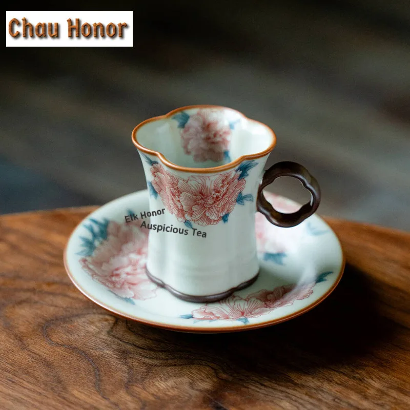 90ml Ru Kiln Porcelain Hibiscus Coffee Mug With Plate Hot Chocolate Cup Afternoon Tea Mug Cup Saucer Kit Teaset Decoration Gift