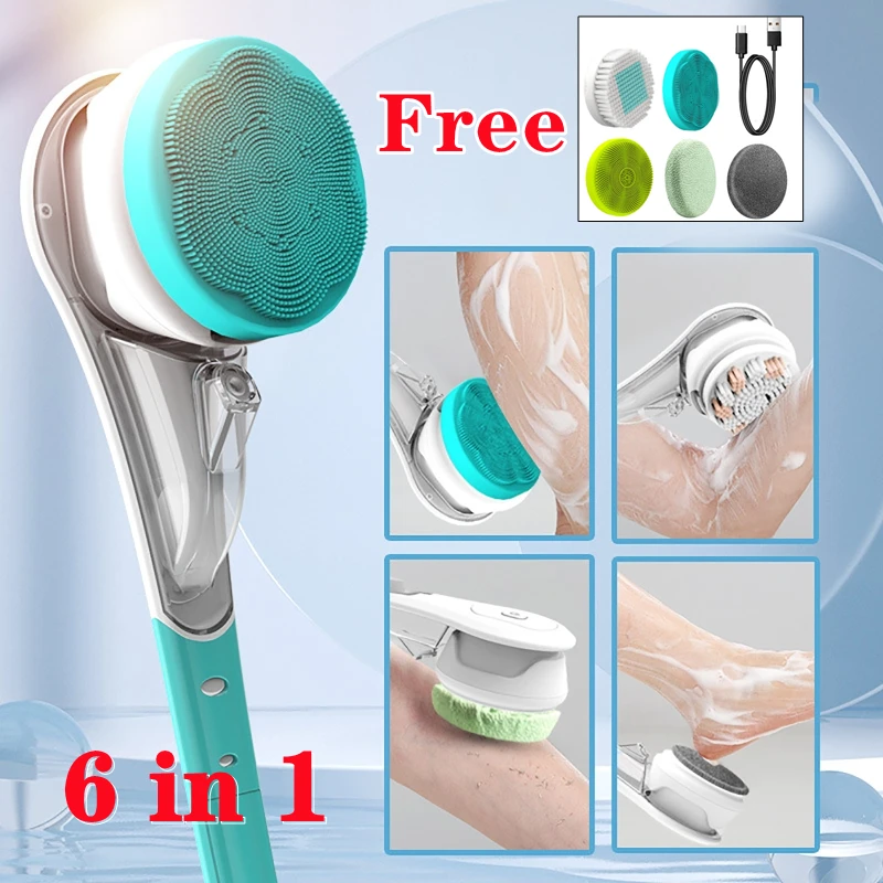 

6 in 1 Electric Body Brush Face Massager Bath Silicon Body Scrubber Waterproof Exfoliating Brush Shower 3 Speeds Skin Scrubber