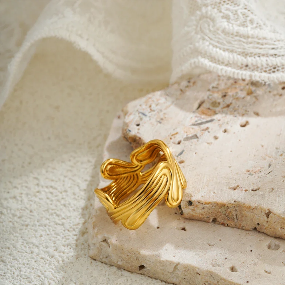 Trend Gold Color Stainless Steel Multi Layer Texture Rings for Women Hollow Wide Finger Ring Wedding Party Jewelry Gift 2025 New