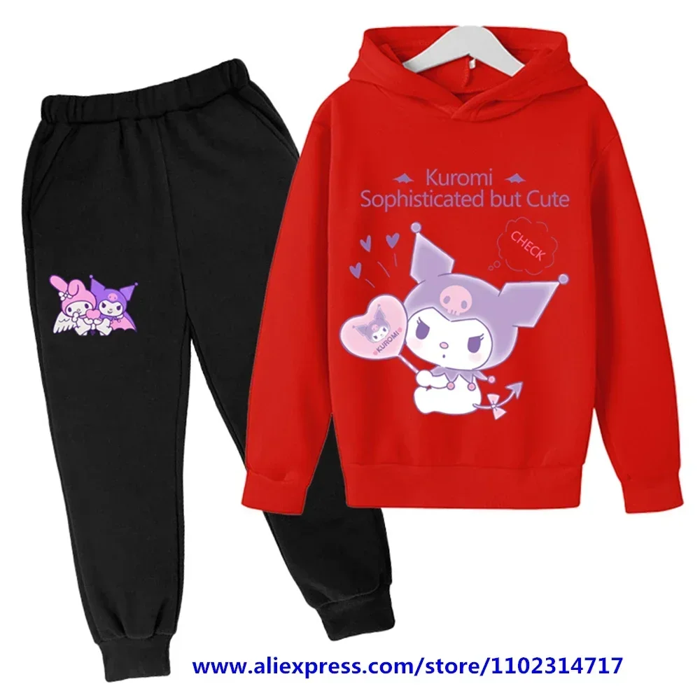 thumbnail image 1 of Hello Kitty Casual divertido chándal niños Kuromi Sudadera con capucha conjunto niños sudaderas con capucha pantalones largos 2 piezas conjuntos niños suéter ropa, 1 of 5