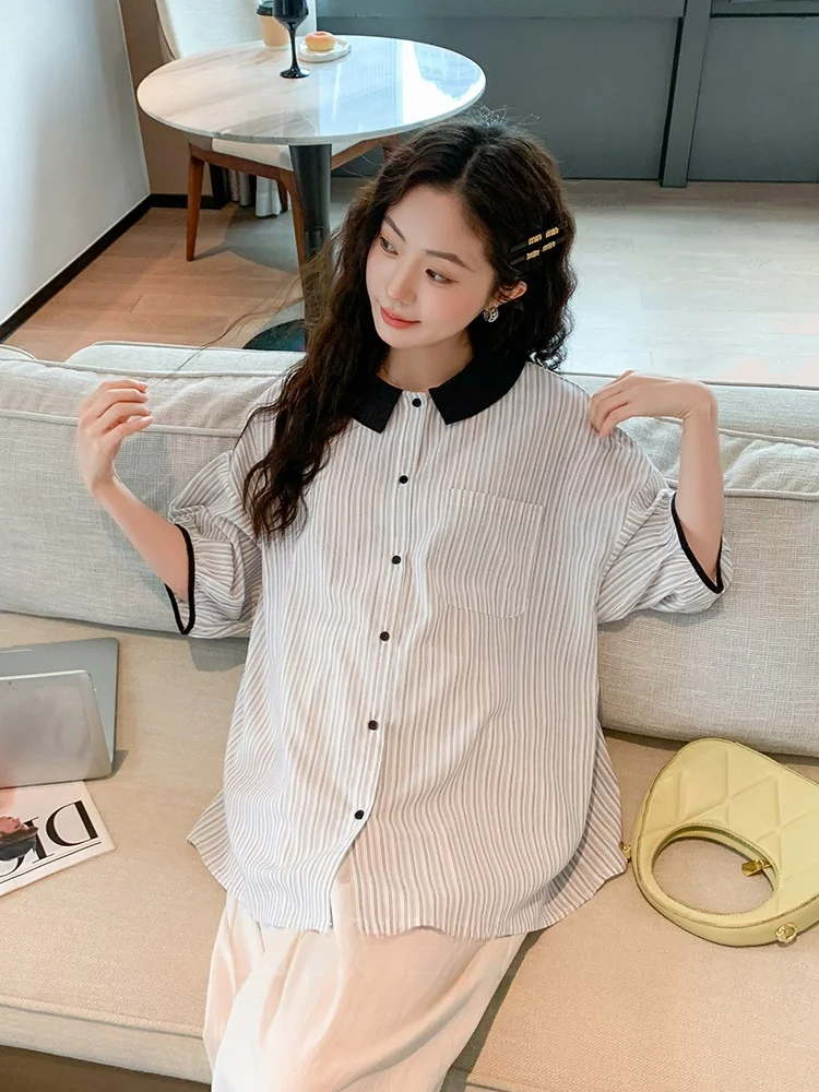 느슨한 한국 스타일 출산 셔츠 반팔 베이비 인형 칼라 스트라이프 컬러 블록 임산부를위한 여름 유행 탑