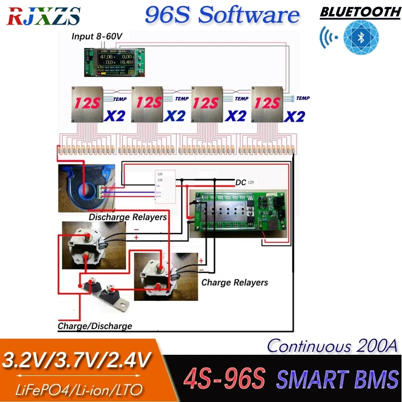 LCD 릴레이 DIY BMS, LTO, LiFePO4, 리튬 이온 다중 시리즈 배터리 호환, 블루투스 앱 모니터, 4S  96S, 200A, 300A