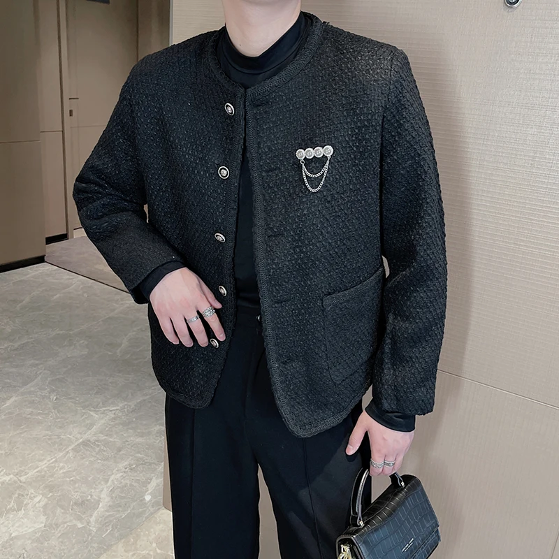 2023 Autumn Winter Men's Woolen Jacket Fashion Loose Round Neck Woven Jacket Male Casual Business Social Streetwear Overcoat