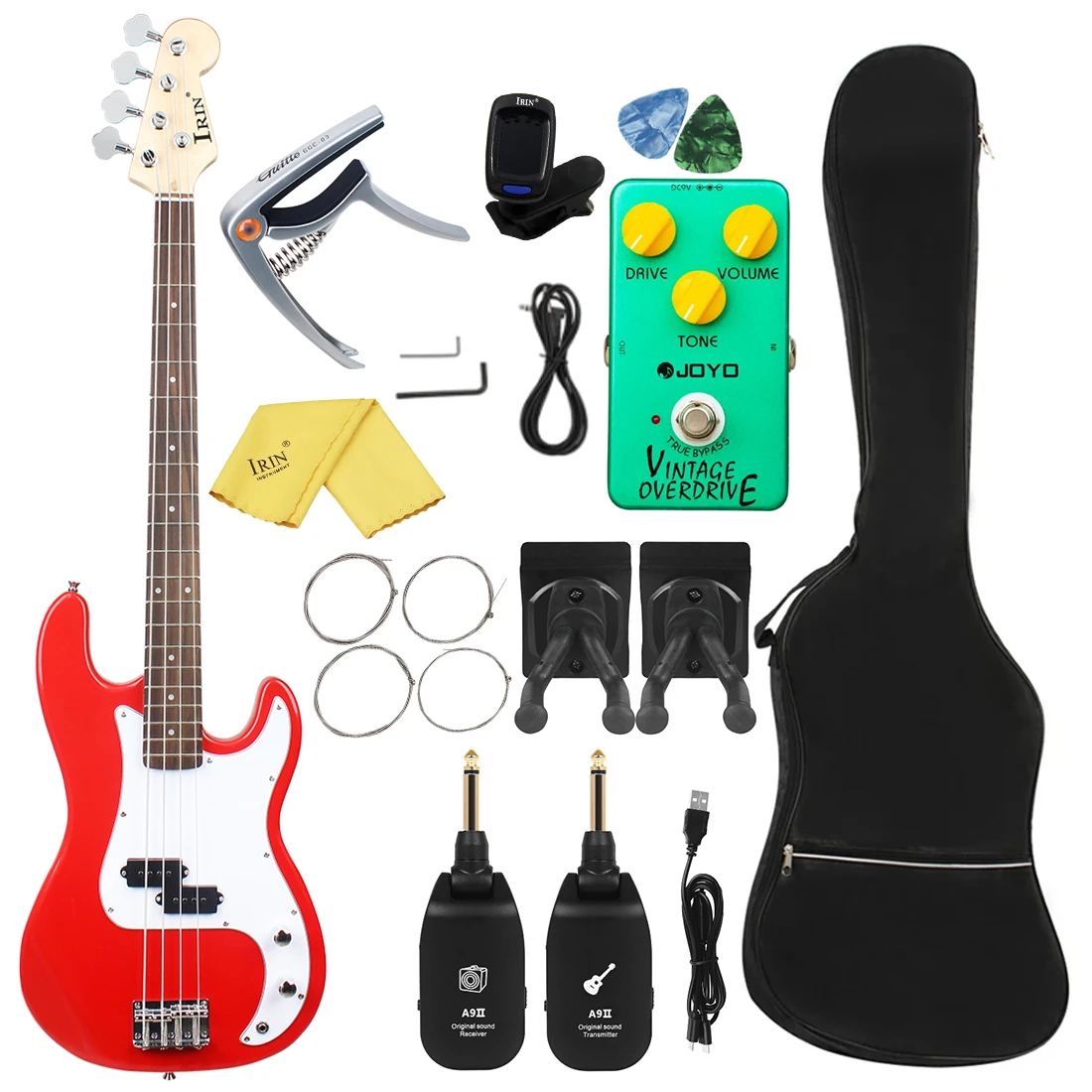 

IRIN Basswood Body Bass Guitar Red 20 Frets Guitarra 4 String Electric Bass with Tuner Strings Capo Pick Effect Pedal Parts