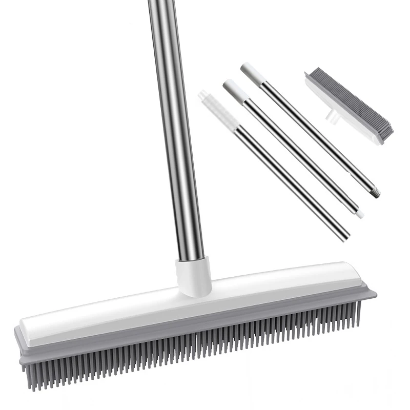 Rubber Broom Carpet Rake with Squeegee Long Handle for Pet Hair Fur