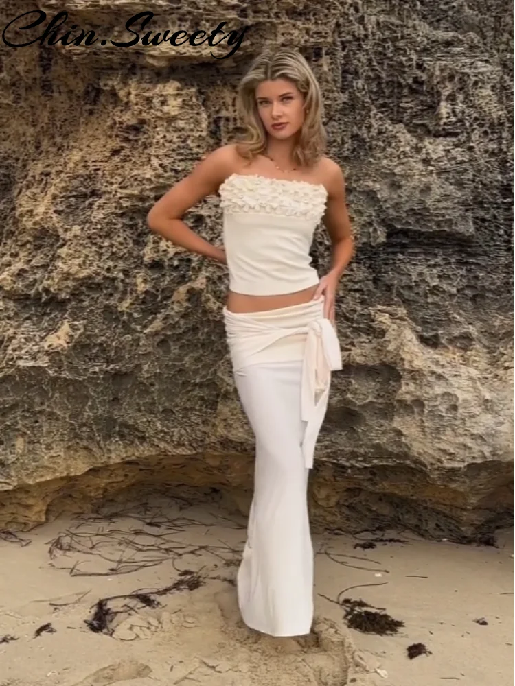 Vacation Flower Crop Top Skirt Sets Women Slim Sleeveless Chest