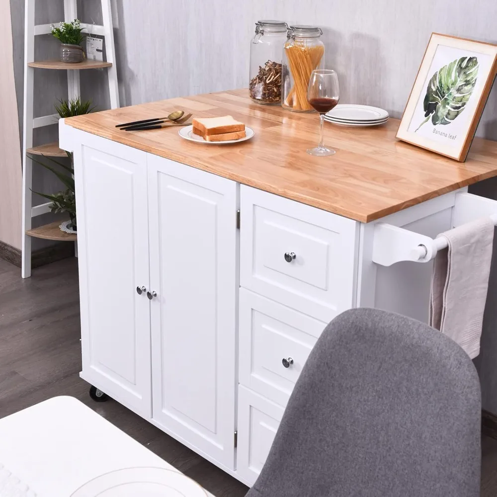 Kitchen Island Cart on Wheels Rolling Kitchen Island with Drop Leaf Top Trolley Cart with Drawers Towel Rack Bottle Rack