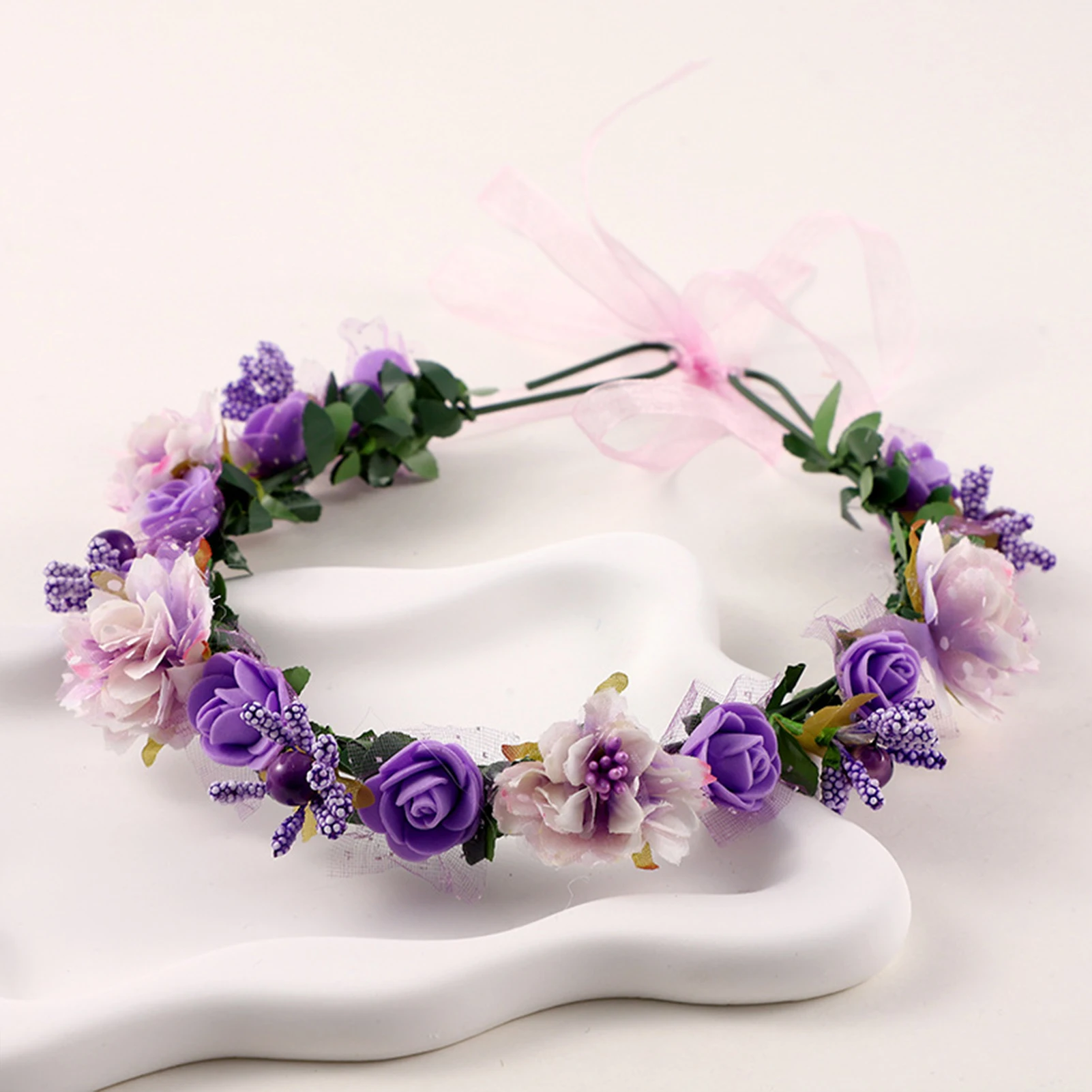 Blumenkrone im Boho-Stil, Braut-Hochzeits-Diademe und Kronen, rot/rosa/lila Blumen-Kopfschmuck für Damen, Strandurlaub, Kopfbedeckung, Ornamente – Detail 4